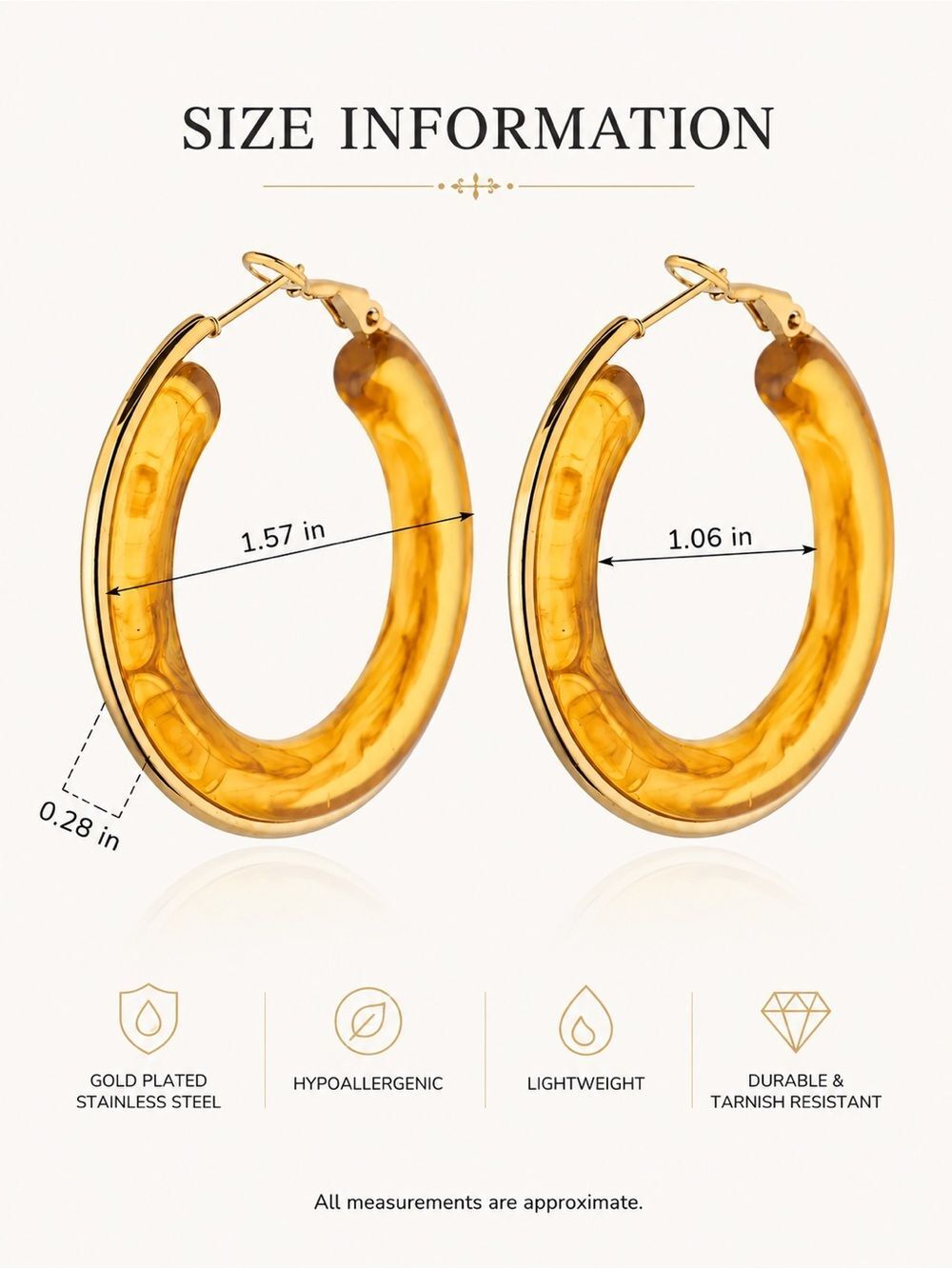Marbled Acrylic Hoop Earrings with Gold Plated Stainless Steel Hypoallergenic - Picture 4 of 4